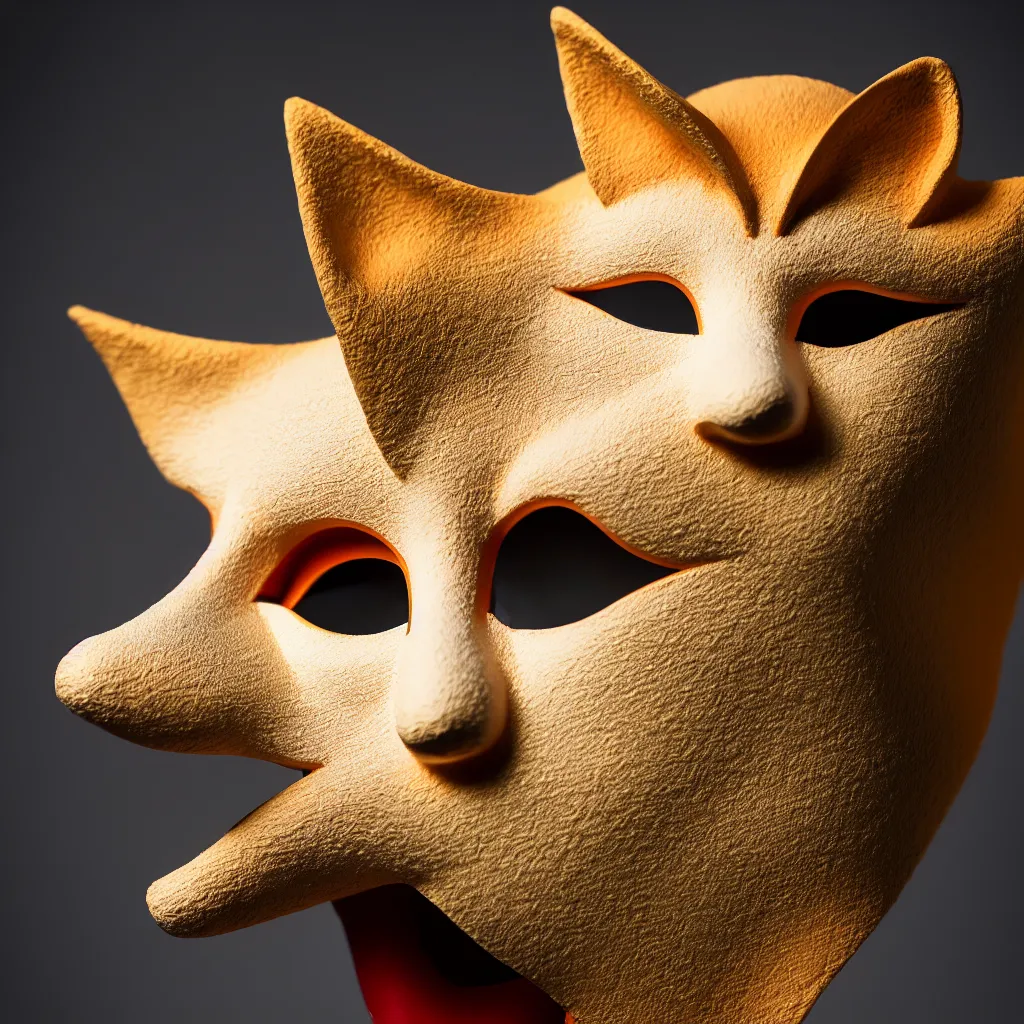 Prompt: fine art photography of kitsune mask from japan, still life, natural lighting, studio, upward side view, iso 1 0 0, shutter speed 1 2 5, aperture 8, award winning