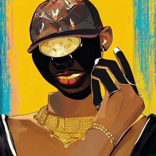 Prompt: a painting of miles morales, dripped out, diamonds, diamond chain, gold rings, gold watch, stylish, gold grill by sachin teng