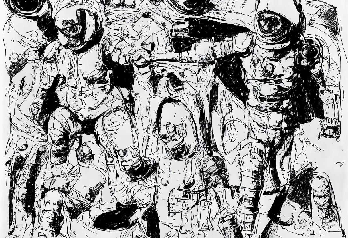 Image similar to male, heroic figure, space suit with a modern helmet, character sheet, science fiction, sketch, very stylized, digital art, shaded pen and ink, digital painting, by mike mignola, by alex maleev, jean giraud