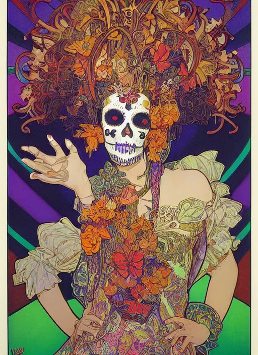 Image similar to realistic detailed psychedelic poster art of a cute punk goth fractal Día de los Muertos girl posing by Victor Moscoso Rick Griffin Alphonse Mucha Jamie Hewlett Moebius, masterpiece