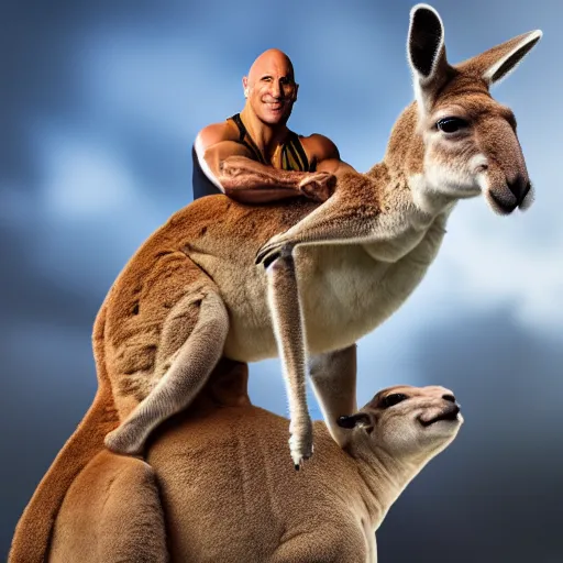 Prompt: dwayne johnson riding a kangaroo, studio photography, high detail, ultra high detail, 4 k, hdr, 8 k