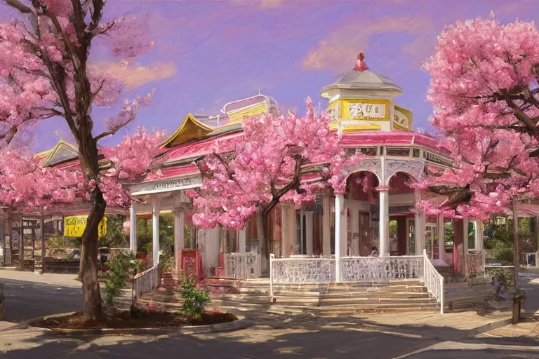 Image similar to painting of waffle house front view, rococo style, greek architecture, pink marble building, sakura trees, sakura season dynamic lighting, landscape, artwork by jeremy lipkin and giuseppe dangelico pino and michael garmash and rob rey and greg manchess and huang guangjian and makoto shinkai, pixiv, 1 0 0 mm