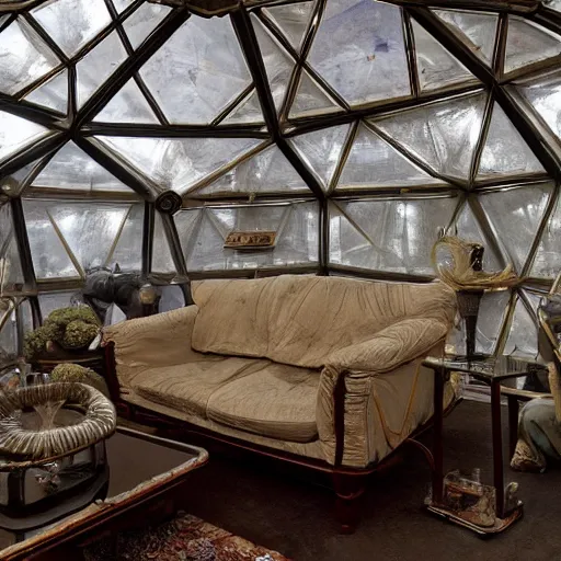 Prompt: a photograph of a living room in a geodesic dome designed by H.R. Giger, 8k high quality, uncompressed image