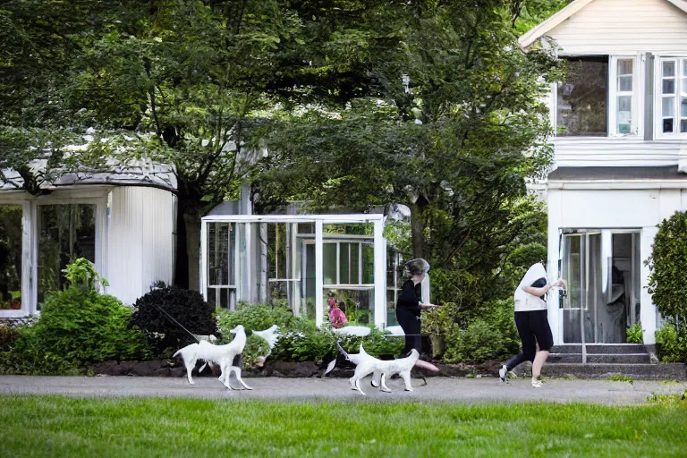 Image similar to the sour, dour, angry, gray - haired lady across the street is walking her three small white and black dogs. she shuffles around, looking down. highly detailed. green house in background. large norway maple tree in foreground. view through windows.