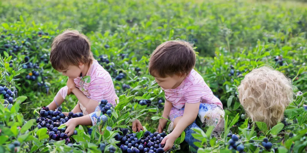 Image similar to a small child picking blueberries in a field on a bright and sunny morning