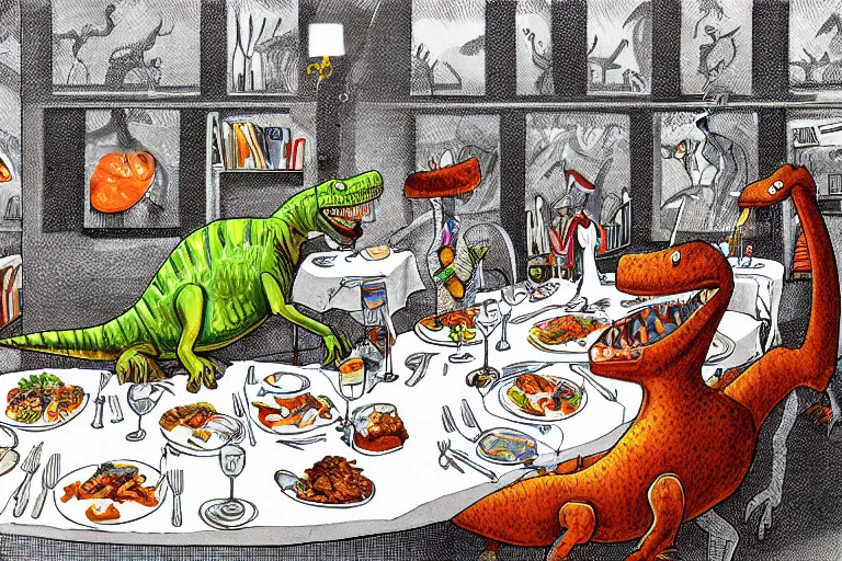 Prompt: a high quality highly detailed illustration of a dinosaur at a fancy dinner by mark teague, digital art, award winning childrens book