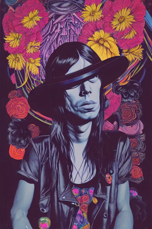 Image similar to the velvet underground and nico playing live on stage at a night club, beautiful stage decoration with flowers in the background, painting by james jean, very detailed and colorful and toned down and ornamental and moody and cool and relaxed and high on drugs, trending on artstation, behance contest winner