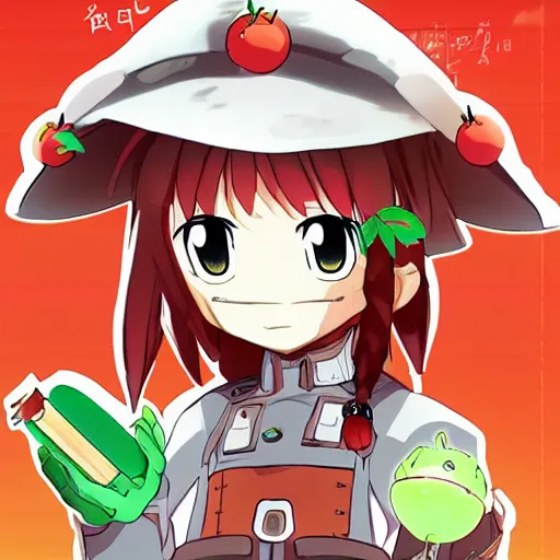 Prompt: cute android with big tomato hat and a carrot sword, made in abyss style