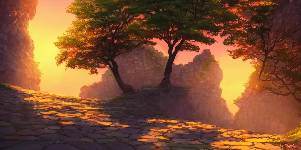 Prompt: a lonely cobblestone street with a tree on a cliff over the sea at sunset, brightly illuminated by rays of sun, artstation, colorful makoto shinkai illustration, by peter chan, day of the tentacle style, low camera angle