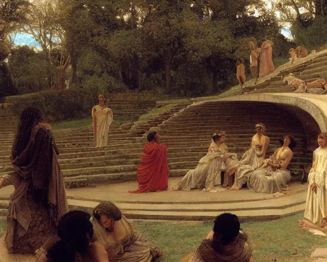 Prompt: euripides's medea performed in an ancient greek amphitheater by lawrence alma - tadema,