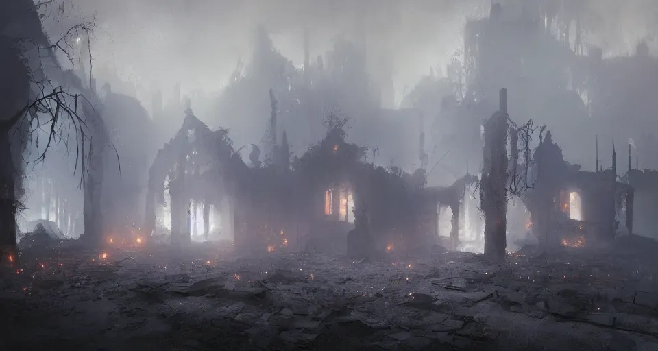 Prompt: book illustration of small burnt out village in smoke. Black wood ruins in fog. Atmospheric beautiful by Eddie mendoza and Craig Mullins. volumetric lights