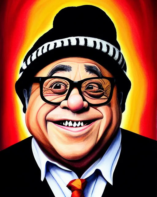 Prompt: painting portrait of danny devito as a ham, cartoon, warm lighting, danny devito has a ham body. movie poster, illustration by bartek fedyczak, erak note, tooth wu, neil richards, kan liu, siwoo kim, jisu choe, trending on art station