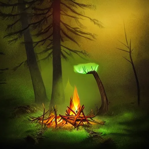 Image similar to a campfire in a forest, there is a black cauldron filled with a magical green glowing liquid hanging above the campfire, night, fantasy, digital art, mysterious, realistic