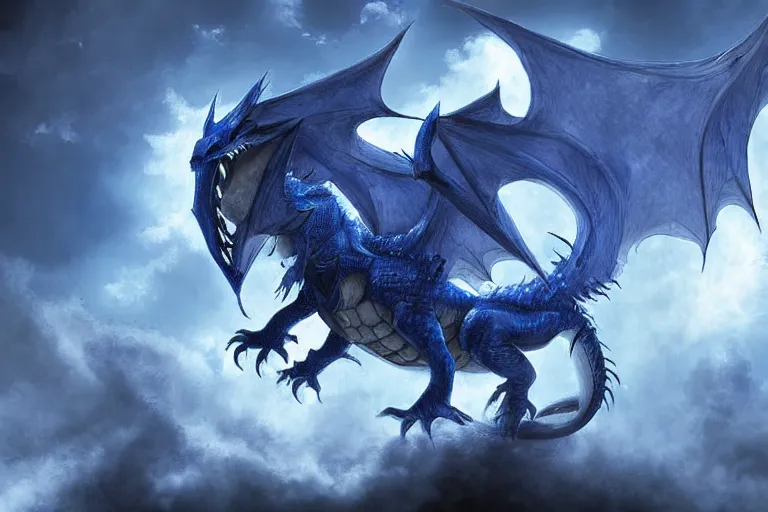 Image similar to an screaming blue and white dragon wearing armor, digital art, moonlight, blue mist, blue smoke,