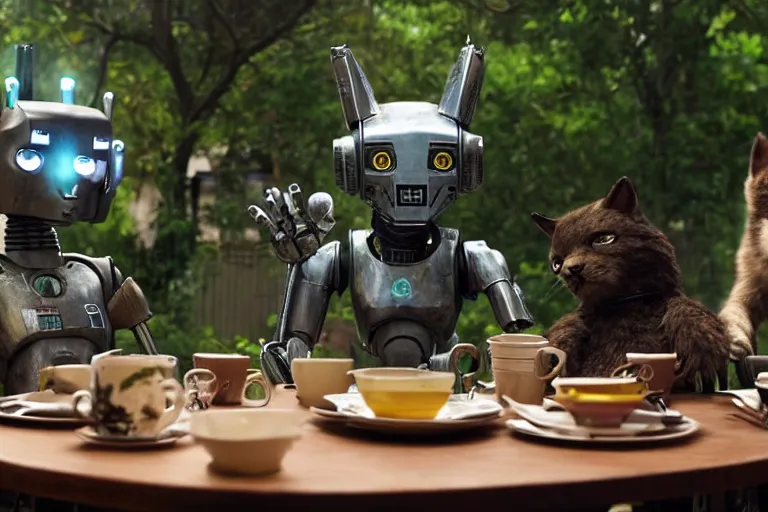 Prompt: film still from the movie chappie of the robot chappie shiny metal outdoor park plants garden scene bokeh depth of field several figures sitting down at a table having a tea party furry anthro anthropomorphic stylized cat ears wolf muzzle head android service droid robot machine fursona