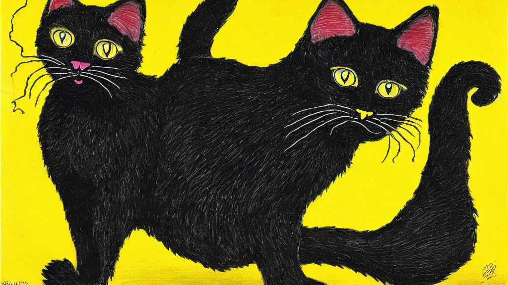 Prompt: a very detailed image of a big black cat wearing a yellow raincoat standing on his back feet in a style of louis wain and sid mead, cinematic, wide lense