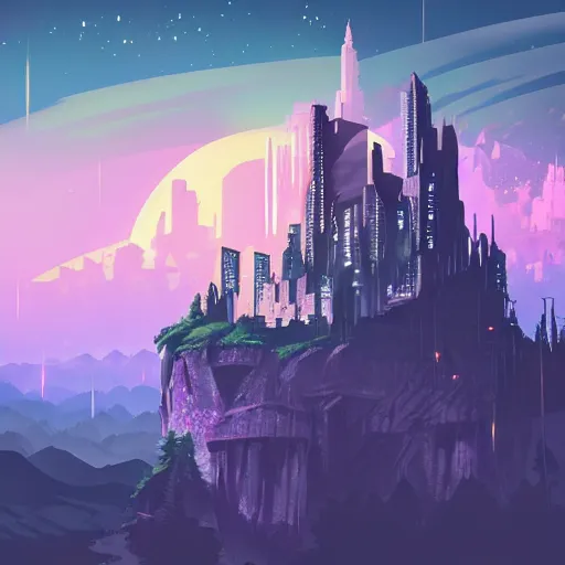 Image similar to stone castle in the style of cyberpunk ontop of a mountain, space sky, anime illustration,