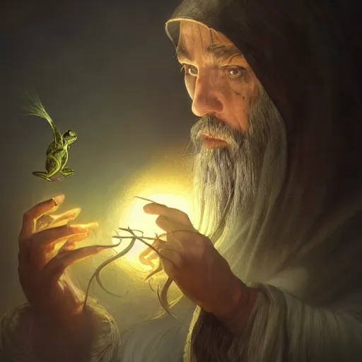 Image similar to epic portrait an wizard casting a spell on a frog, digital painting, artstation, concept art, soft light, hdri, smooth, sharp focus, illustration, fantasy, intricate, elegant, highly detailed, D&D, matte painting, in the style of Greg Rutkowski and Alphonse Mucha and artemisia, 8k, highly detailed, jurgens, rutkowski, bouguereau, pastoral, rustic, georgic, detailed concept art, illustration, colorful pastel, painting, detail, ultra detailed, digital art, 4K