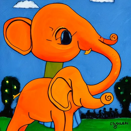 Image similar to orange elephant dancing on a bus internet art
