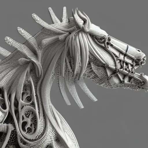 Image similar to biomechanical horse made of marble and crystal, fractal 3 d structure, intricate details, octane render, soft lighting