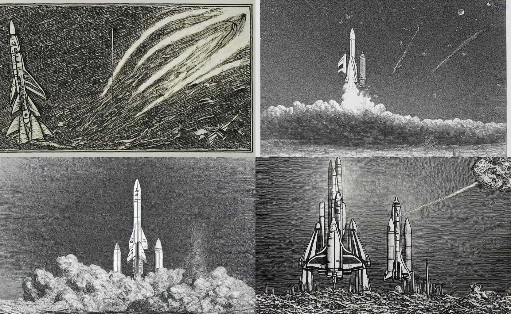 Prompt: etching of space shuttle launch in the style of gustav dore