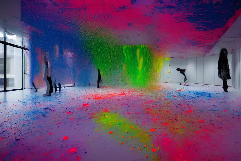 Image similar to The physical impossibility of death, in a high tech spaceship with led panels on the walls a group of people look forlorn and withdraw as a fountain of swirling multicolour viscous paint pours from the ceiling onto the floor pooling and spreading out at the peoples feet painted by Francis bacon, Adrian ghenie, James jean and Petra cortright part by Gerhard Richter, part by Takato Yamamoto. 8k masterpiece