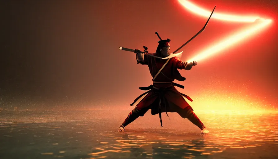Image similar to Digital Art of A Samurai! Ninja! in Action, fighting and swords colliding, standing in a glowing lake while it rains, Concept Art, highly detailed, Artstation, 8k, Raytracing, Unreal Engine 5