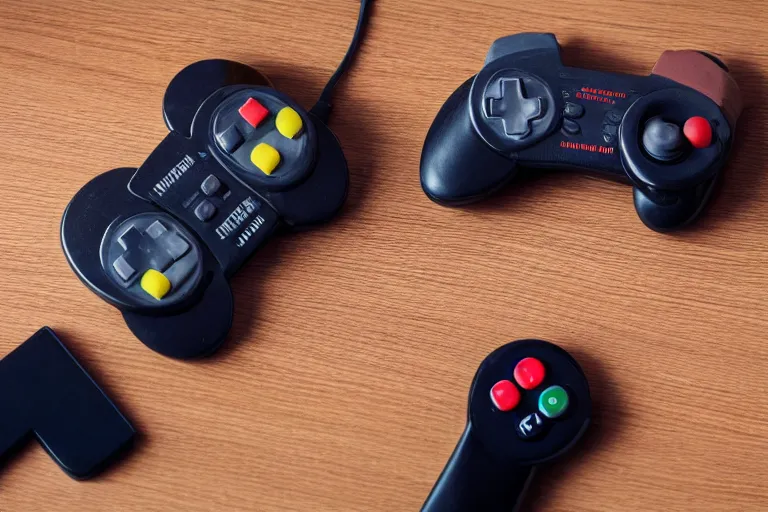 Image similar to closeup potrait of nintendo 64 controller on a table , photograph, natural light, sharp, detailed face, magazine, press, photo, Steve McCurry, David Lazar, Canon, Nikon, focus