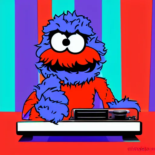 Prompt: cookie monster as a DJ, digital art, HD, anime