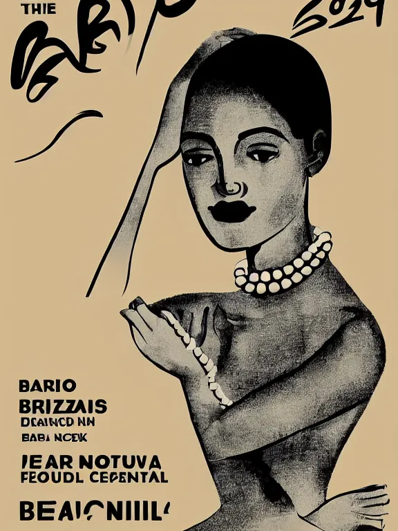 Prompt: the 2022 Brazilian Modern Art Week poster. The poster style is modernism and the details are minimal. The poster features a black and white image of a woman's face. The woman has her hair pulled back in a bun and she is wearing a pearl necklace. Her expression is one of contentment and serenity. The background of the poster is a light beige color. At the bottom of the poster, in white lettering, is the text Modern Art Week - 2022, designed by Gustave Doré