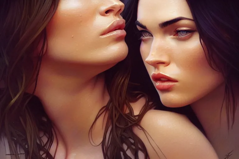 Prompt: portrait of megan fox kisses with a blonde woman, lesbian kiss, intricate, headshot, highly detailed, digital painting, artstation, concept art, sharp focus, cinematic lighting, illustration, art by artgerm and greg rutkowski, alphonse mucha, cgsociety