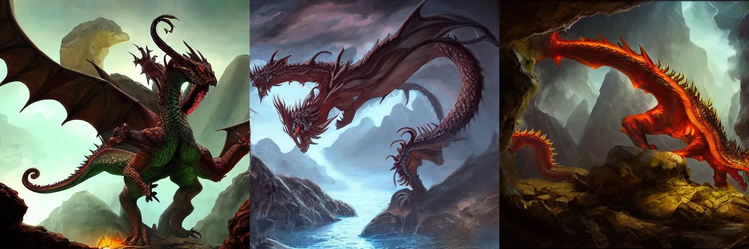 Prompt: A Hydra Dragon guarding a Cave, epic lighting, Fantasy Painting, Dungeons and Dragons