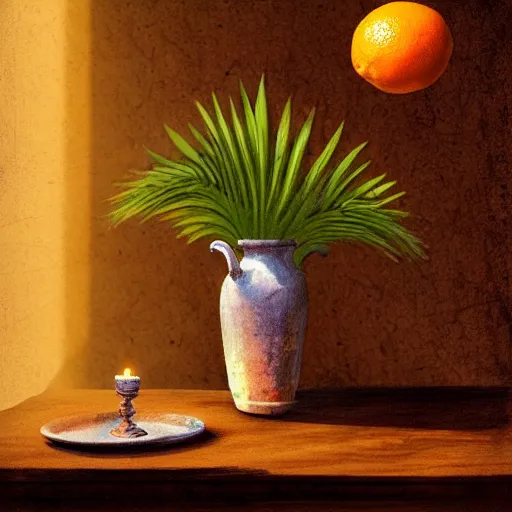 Image similar to still art, antique jug with palms inside on wooden antique table, old candle, much vegetables, lemon, orange, pepper, cinematic light, contrast shadows, dark light, detailed, digital art, concept art, trending on artstation, highly detailed, intricate, sharp focus, digital art, 8 k