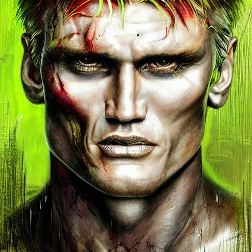 Image similar to a Demon Slayer portrait of Dolph Lundgren, tall, pale-skinned, slender with lime green eyes and long eyelashes by Stanley Artgerm, Tom Bagshaw, Arthur Adams, Carne Griffiths, trending on Deviant Art, street art, face enhance, chillwave, maximalist, full of color, glittering