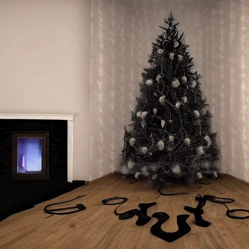 Image similar to slender man creeping at night, dark image, horror, Christmas tree with lights, fireplace in background, inside living room. Dark spect, 4k realistic