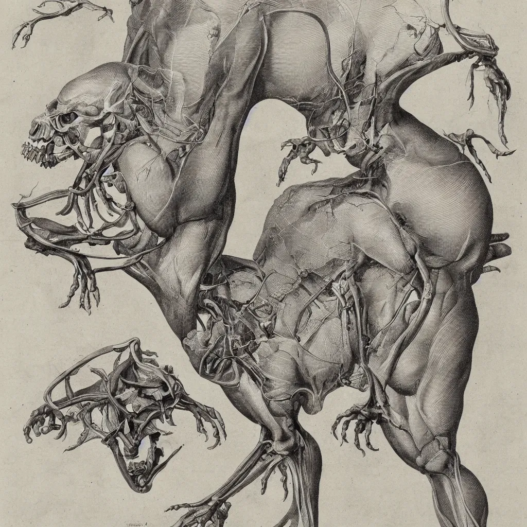 Image similar to anatomical engraving of an unknown specie, anatomical study of animal hybrids from another universe