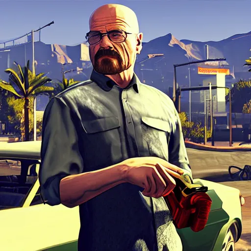 Prompt: Walter White in GTA V. Los Santos in the background, palm trees. In the art style of Stephen Bliss