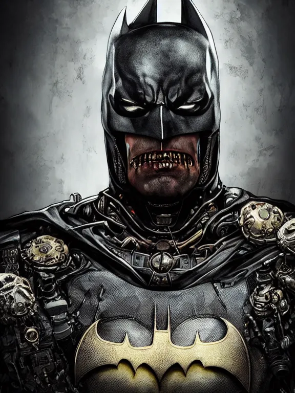 Prompt: portrait art of 8k ultra realistic undead Batman, detailed intricate ornate armour,decaying, cybernetic, full of colour, cinematic lighting, battered, trending on artstation, 4k, hyperrealistic, focused, extreme details,unreal engine 5, cinematic, masterpiece, art by ayami kojima, giger