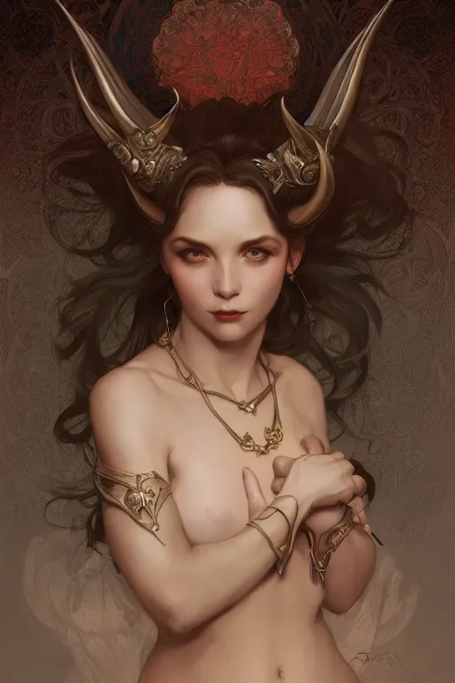 Image similar to Portrait of beautiful demon peasant maiden with horns, intricate, elegant, highly detailed, digital painting, artstation, concept art, smooth, sharp focus, illustration, art by artgerm and greg rutkowski and alphonse mucha