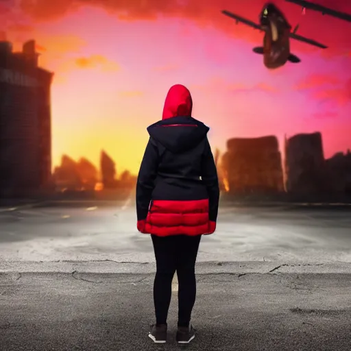 Image similar to hooded jacket woman standing in front of a post apocalyptic city with burning red sky