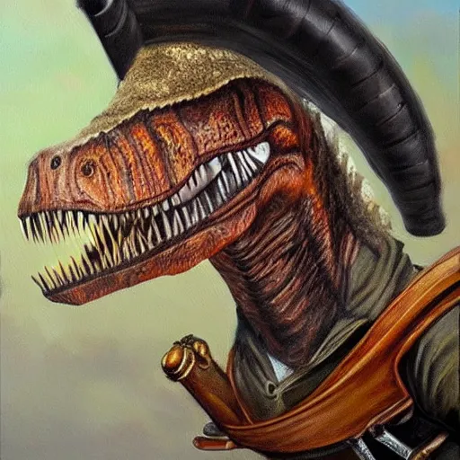 Prompt: a hyper realistic painting of a t - rex holding a musket and wearing a bicorn hat, super detailed, realistic, thick brush strokes, visible paint layers.