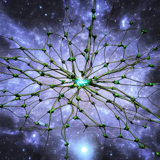 Image similar to army of interconnected neurons made of steel in space with hubble background, vray, 5 5 mm