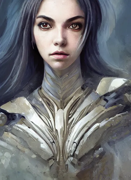 Image similar to a professional painting of a beautiful young female alien, clothed in ethereal armor, olive skin, long dark hair, beautiful bone structure, symmetrical facial features, intricate, elegant, digital painting, concept art, smooth, sharp focus, illustration, from Valerian and the City of a Thousand Planets, by Ruan Jia and Mandy Jurgens and Artgerm and William-Adolphe Bouguerea