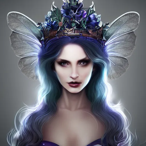 Image similar to detailed portrait of a dark fairy queen, crown, pixie, iris, realism, pale blue, emerald, galaxy, sapphire,dark purple crown,leaves, moonlit, dark fantasy, dramatic lighting, cgsociety, artstation