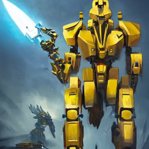 Image similar to yellow mecha with flat head and big sword and shield, spotlight in middle of face, Keetongu Bionicle, by Greg Rutkowski