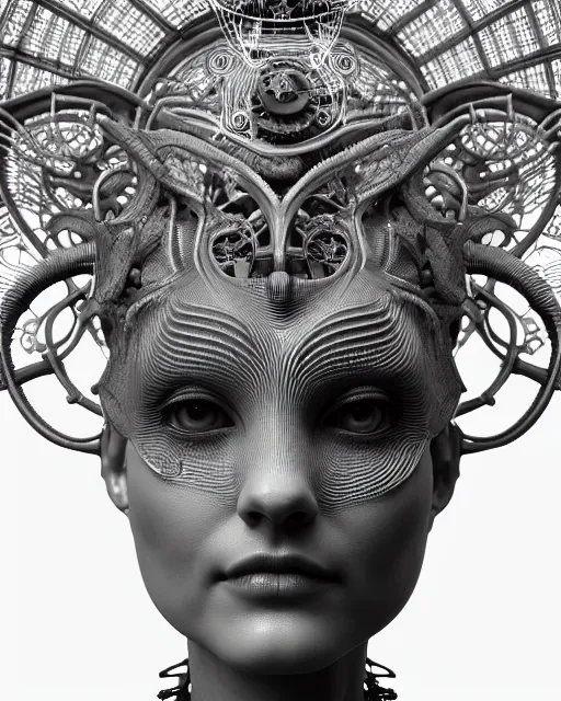 Image similar to mythical black and white organic bio-mechanical spinal ribbed profile face portrait detail of mechanical beautiful female angelic-vegetal-cyborg, highly detailed, intricate steampunk ornate, poetic, 3D render, digital art, octane render, 8K artistic photography, photo-realistic, by Dora Maar