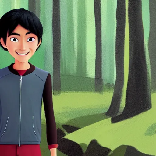 Prompt: tadashi from big hero 6 infront of a forest, profile picture, digital illustration