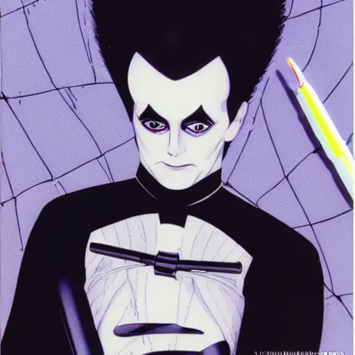 Image similar to a high quality product photo ad of klaus nomi with a technical reed rollerball pen exacto knife by junji ito, copic ethereal eel