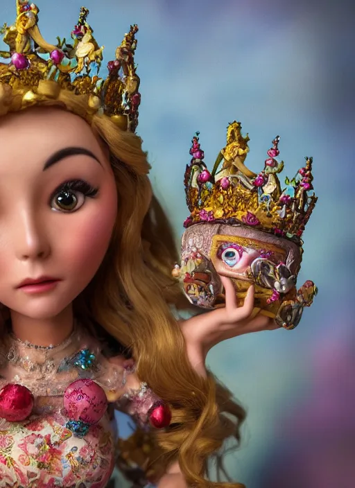 Prompt: closeup face profile portrait of tin toy felicity kendal as a fairytale princess wearing a crown eating cakes, bikini, depth of field, zeiss lens, detailed, symmetrical, centered, fashion photoshoot, by nicoletta ceccoli, mark ryden, lostfish, breathtaking, 8 k resolution, extremely detailed, beautiful, establishing shot, artistic, hyperrealistic, octane render