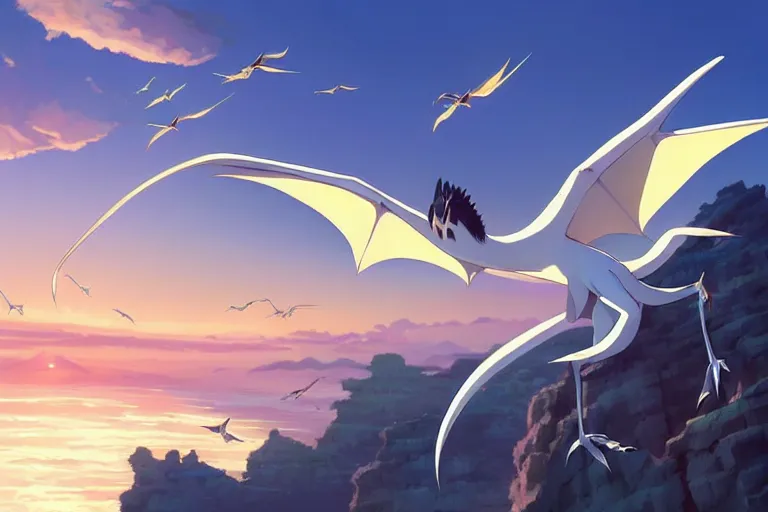 Image similar to a large smooth skinned white creature hybrid pterosaur, small quills along it's back, long fangs, sitting on a cliff high in the sky, sunset, backlit, beautiful composition, by makoto shinkai an krenz cushart